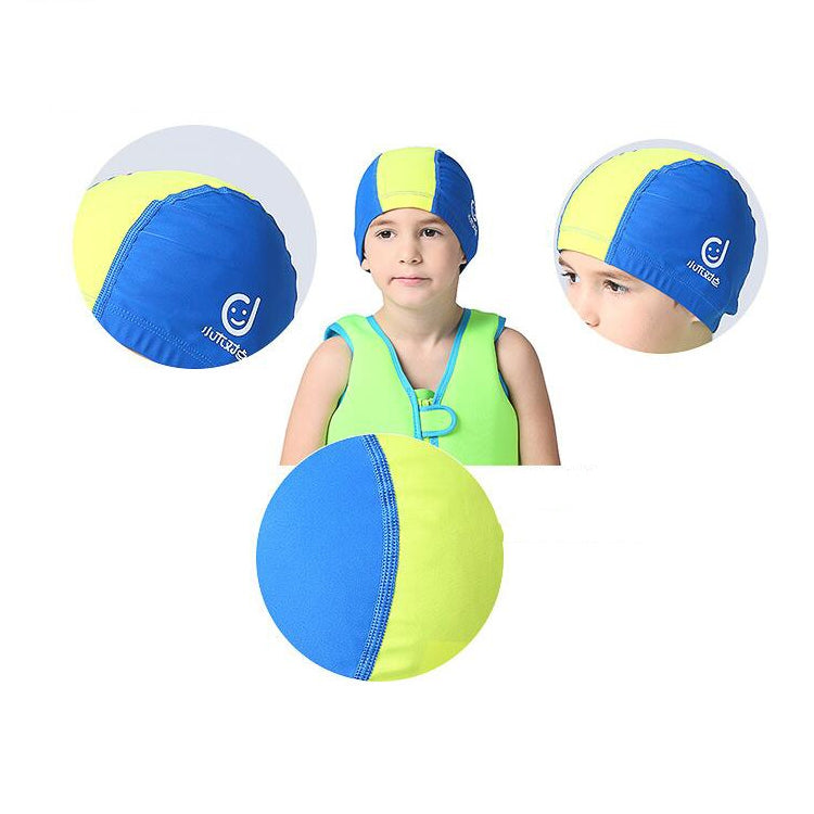 A vibrant children's swimming cap made of cotton and spandex, designed for sun protection and comfort, featuring a snug fit and anti-fog coating.