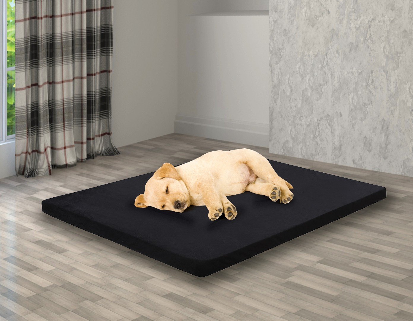 110CM XL Pet Bed Mattress for dogs and cats, featuring Certi-Pur memory foam and a stylish black cover with white trim.