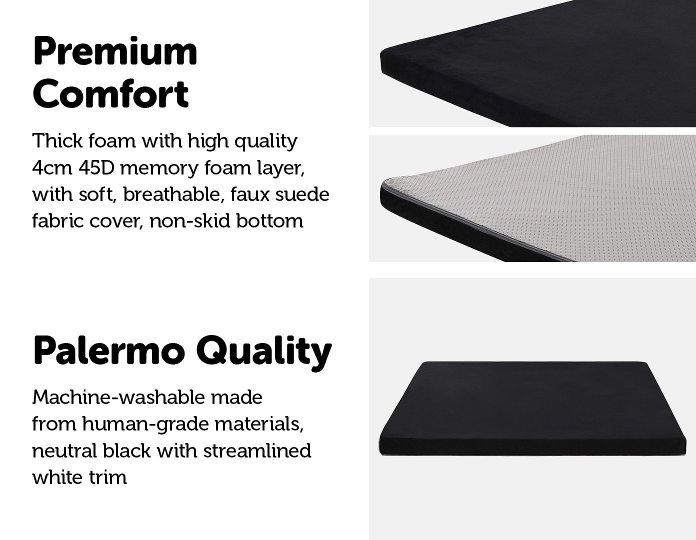 110CM XL Pet Bed Mattress for dogs and cats, featuring Certi-Pur memory foam and a stylish black cover with white trim.