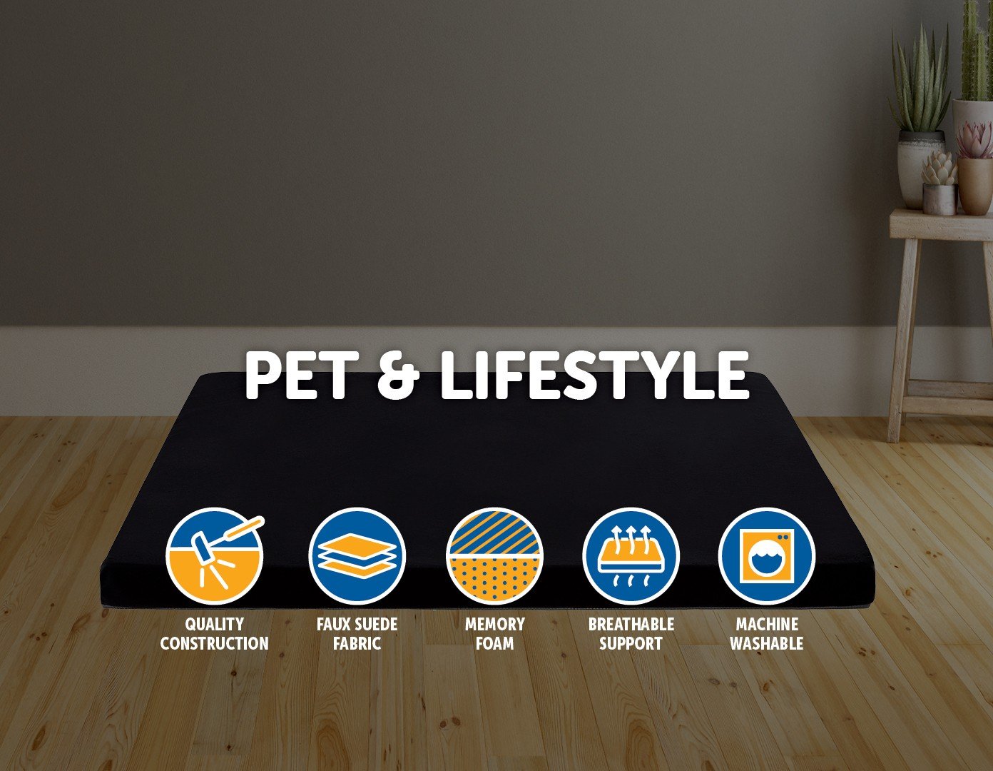 110CM XL Pet Bed Mattress for dogs and cats, featuring Certi-Pur memory foam and a stylish black cover with white trim.