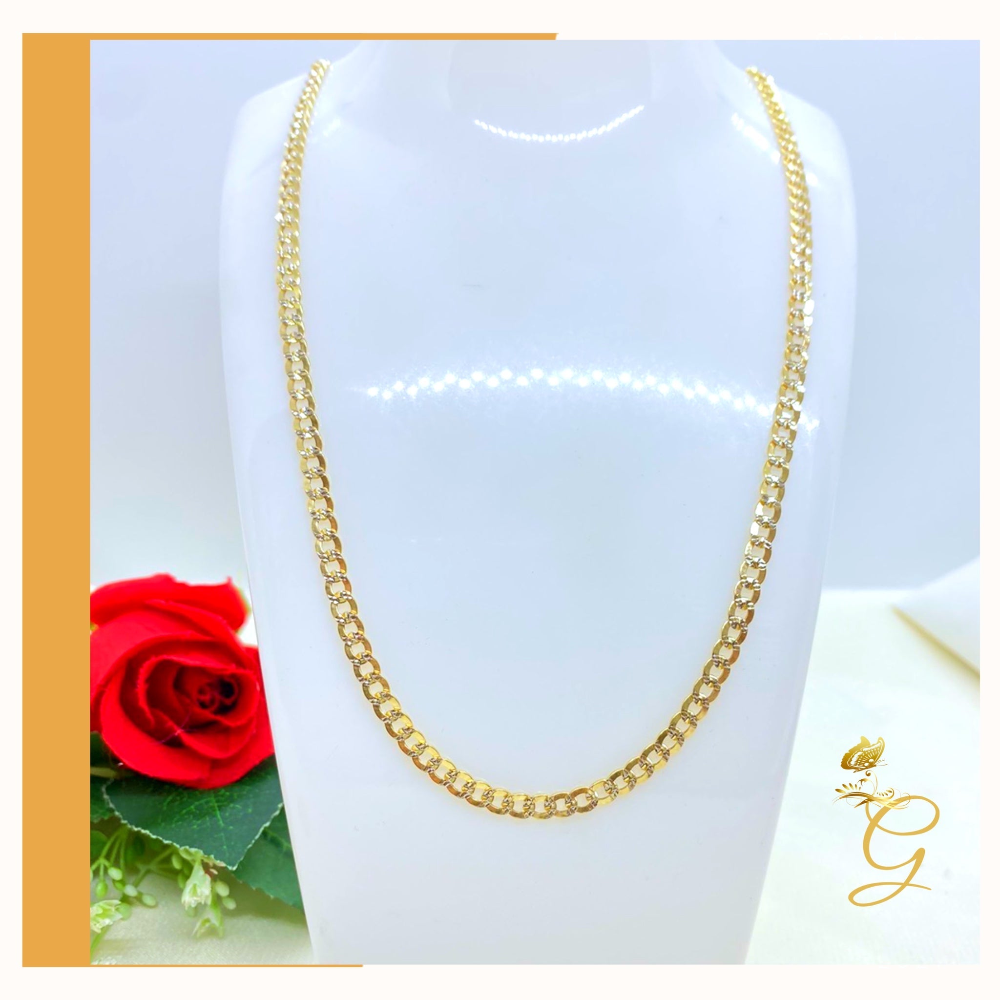 A stunning 10K Gold Diamond Cut Cuban Link Chain, 24 inches long with a width of 4.41 mm, showcasing its elegant design and solid gold material.