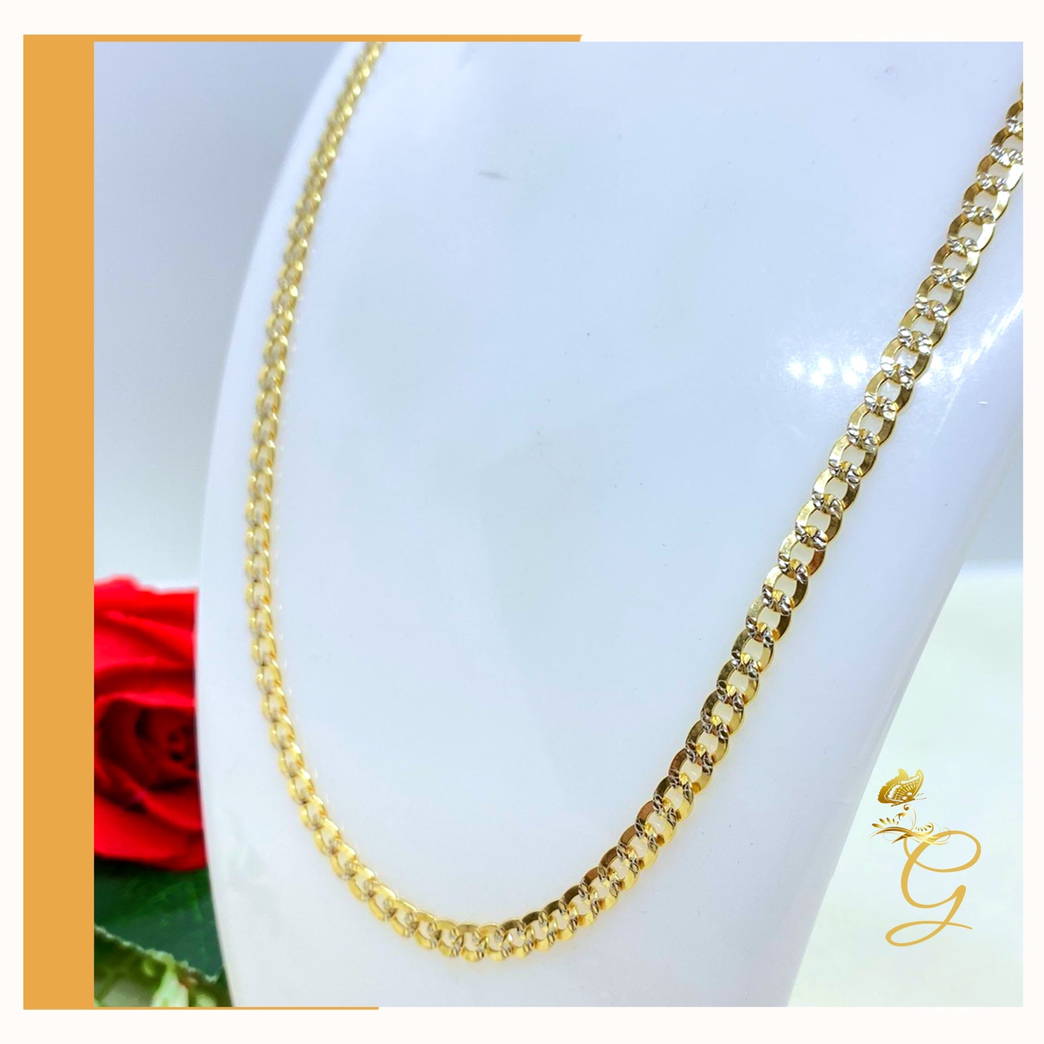 A stunning 10K Gold Diamond Cut Cuban Link Chain, 24 inches long with a width of 4.41 mm, showcasing its elegant design and solid gold material.