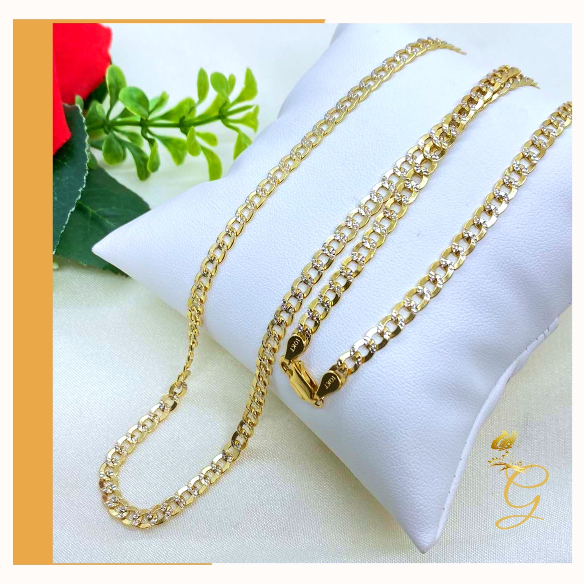 A stunning 10K Gold Diamond Cut Cuban Link Chain, 24 inches long with a width of 4.41 mm, showcasing its elegant design and solid gold material.