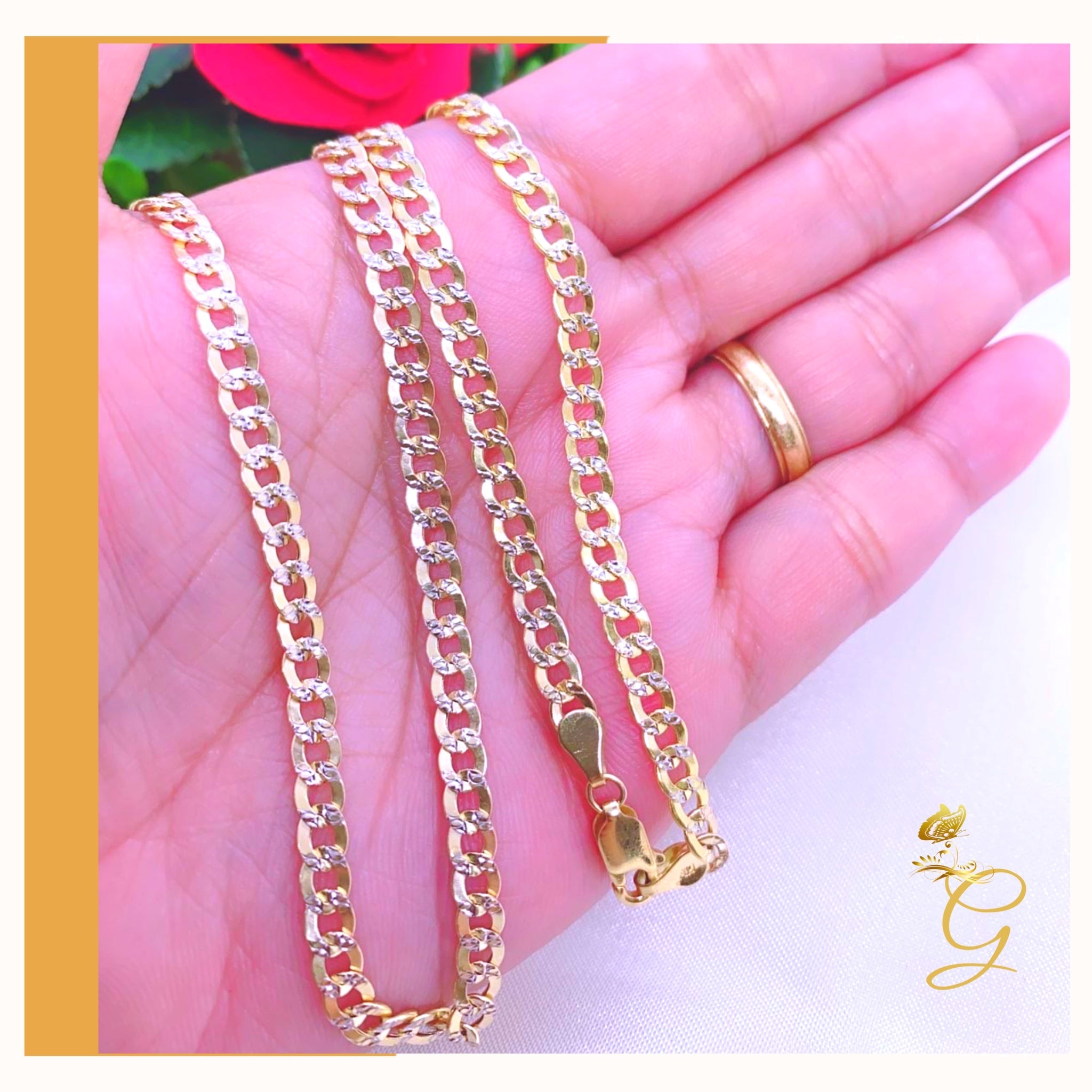 A stunning 10K Gold Diamond Cut Cuban Link Chain, 24 inches long with a width of 4.41 mm, showcasing its elegant design and solid gold material.