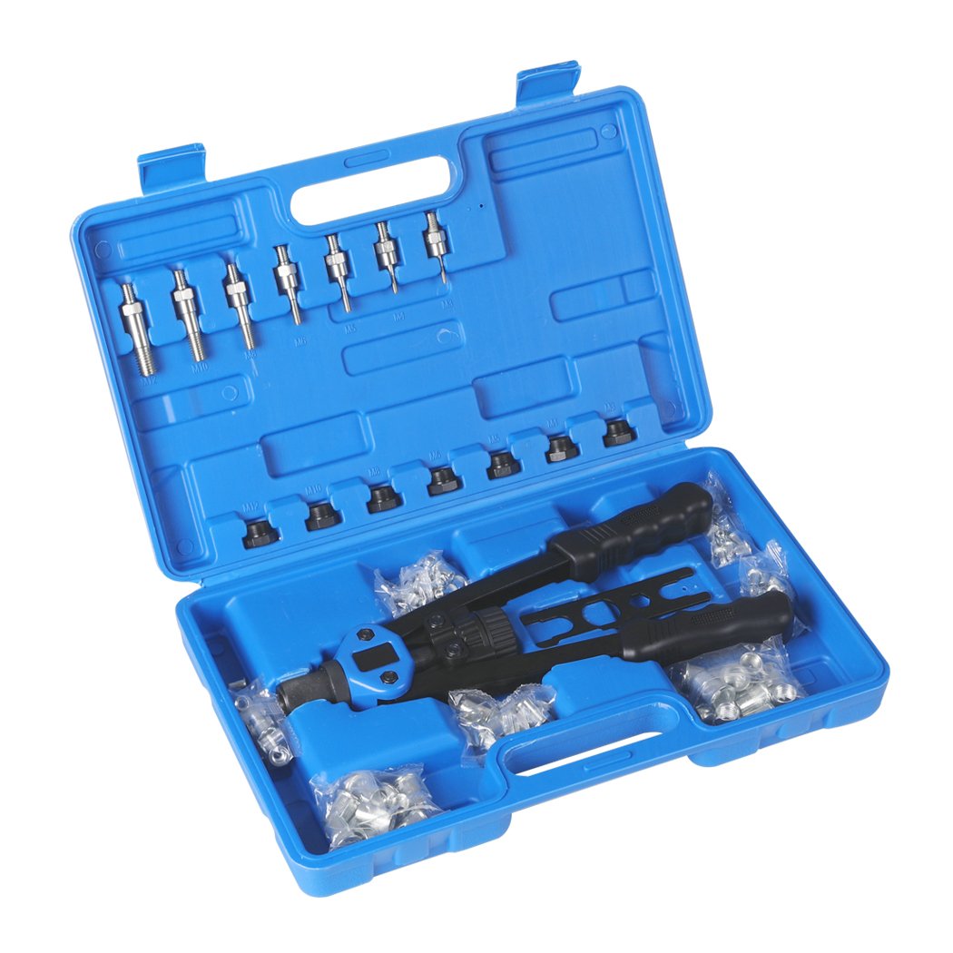 110Pcs Nut Riveter Kit featuring heavy-duty steel construction, ergonomic handles, and a complete set of accessories in a compact carrying case.