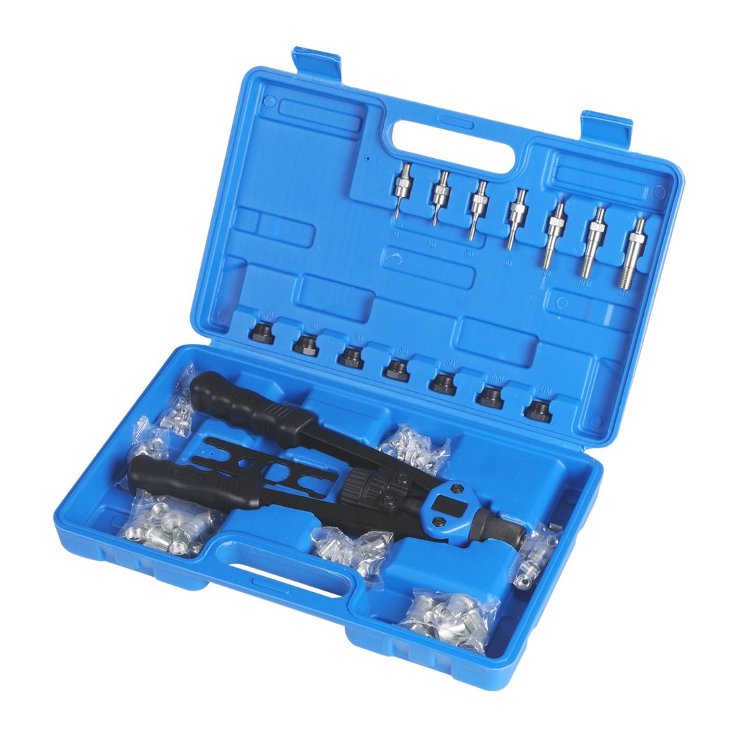 110Pcs Nut Riveter Kit featuring heavy-duty steel construction, ergonomic handles, and a complete set of accessories in a compact carrying case.