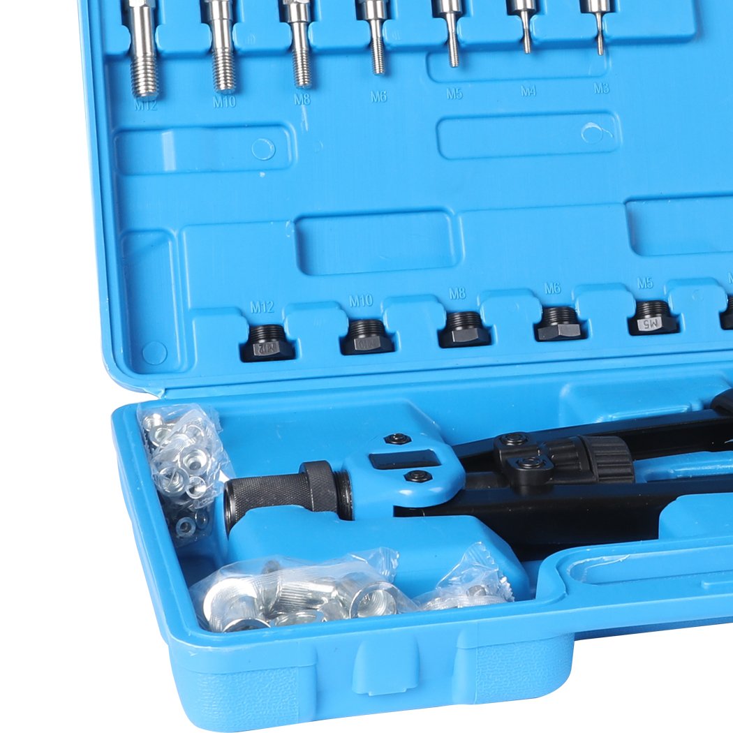 110Pcs Nut Riveter Kit featuring heavy-duty steel construction, ergonomic handles, and a complete set of accessories in a compact carrying case.