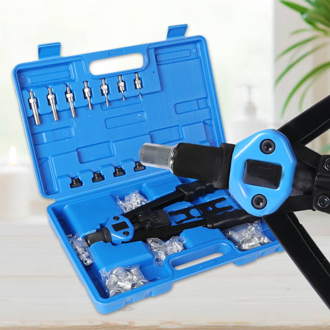 110Pcs Nut Riveter Kit featuring heavy-duty steel construction, ergonomic handles, and a complete set of accessories in a compact carrying case.