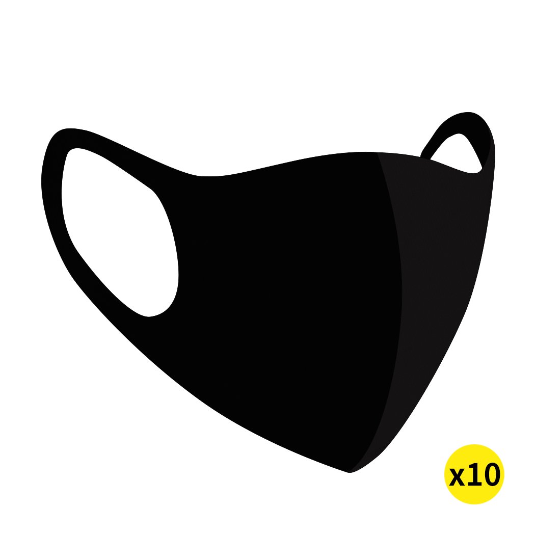 A set of 10 reusable face masks in black, made from high-quality polyester and spandex, designed for comfort and effective filtration.