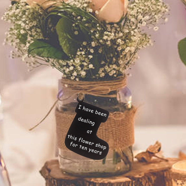 A set of 10 mini hanging wooden message boards in various shapes including heart, star, and Christmas tree, displayed with hemp ropes.