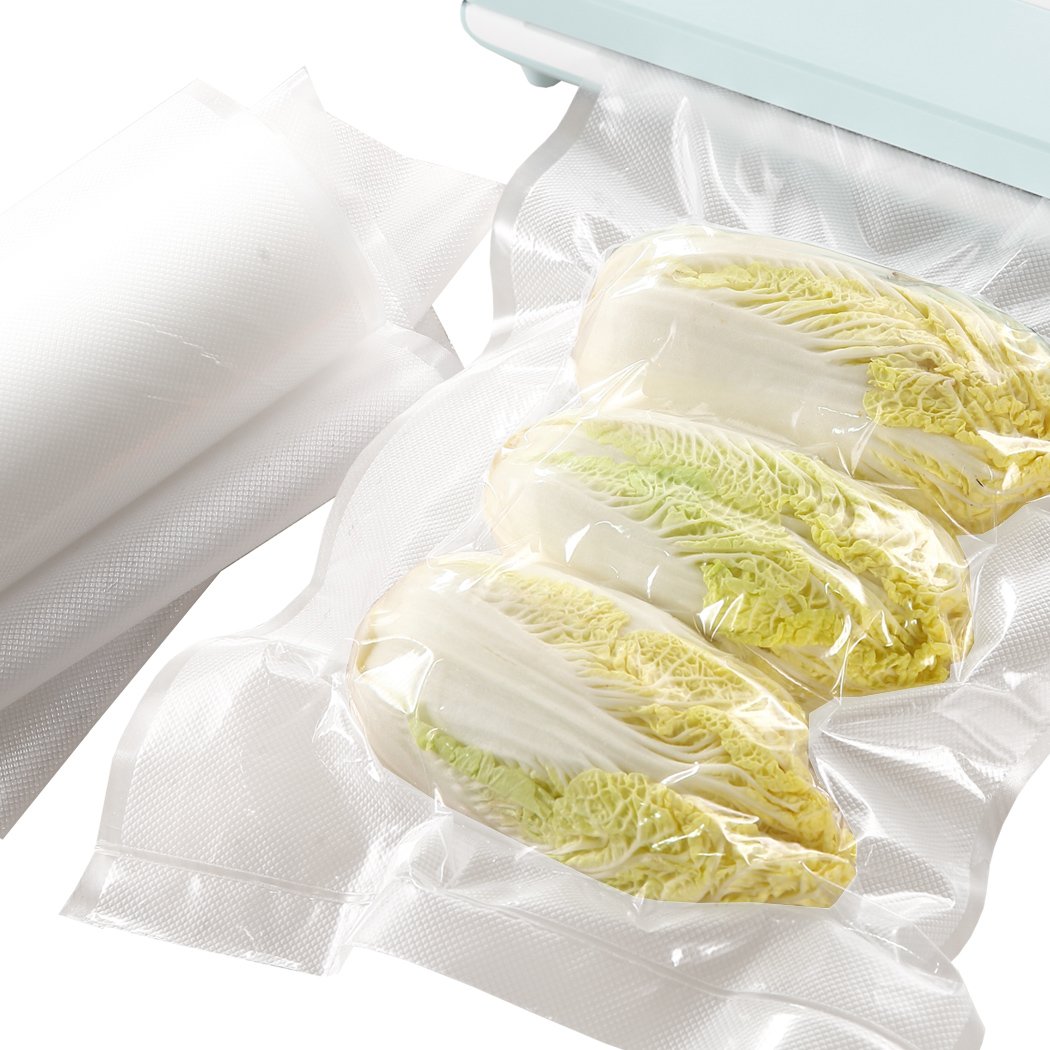 100x Commercial Grade Vacuum Sealer Bags, heavy-duty, BPA-free, suitable for freezing and microwaving, with clear front and embossed back.