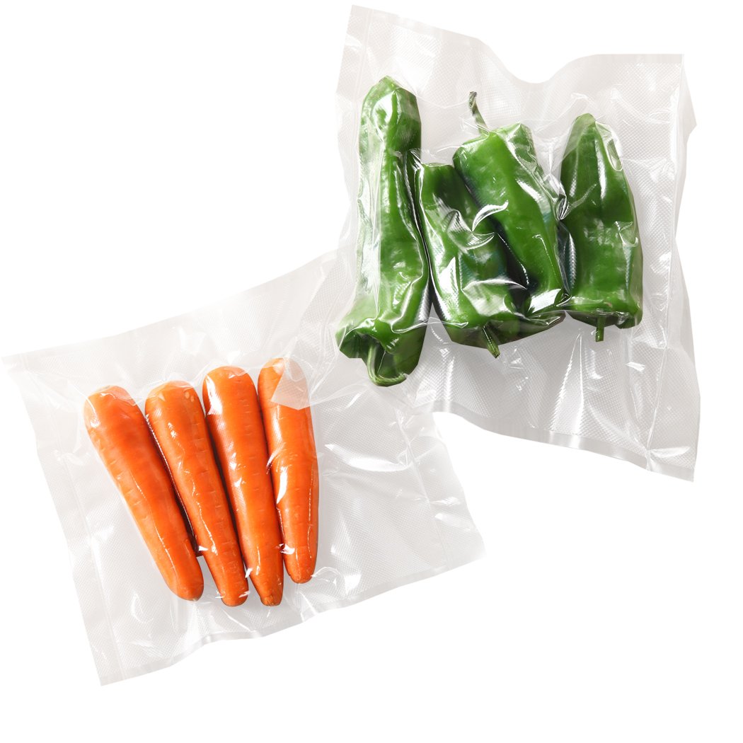 100x Commercial Grade Vacuum Sealer Bags, heavy-duty, BPA-free, suitable for freezing and microwaving, with clear front and embossed back.