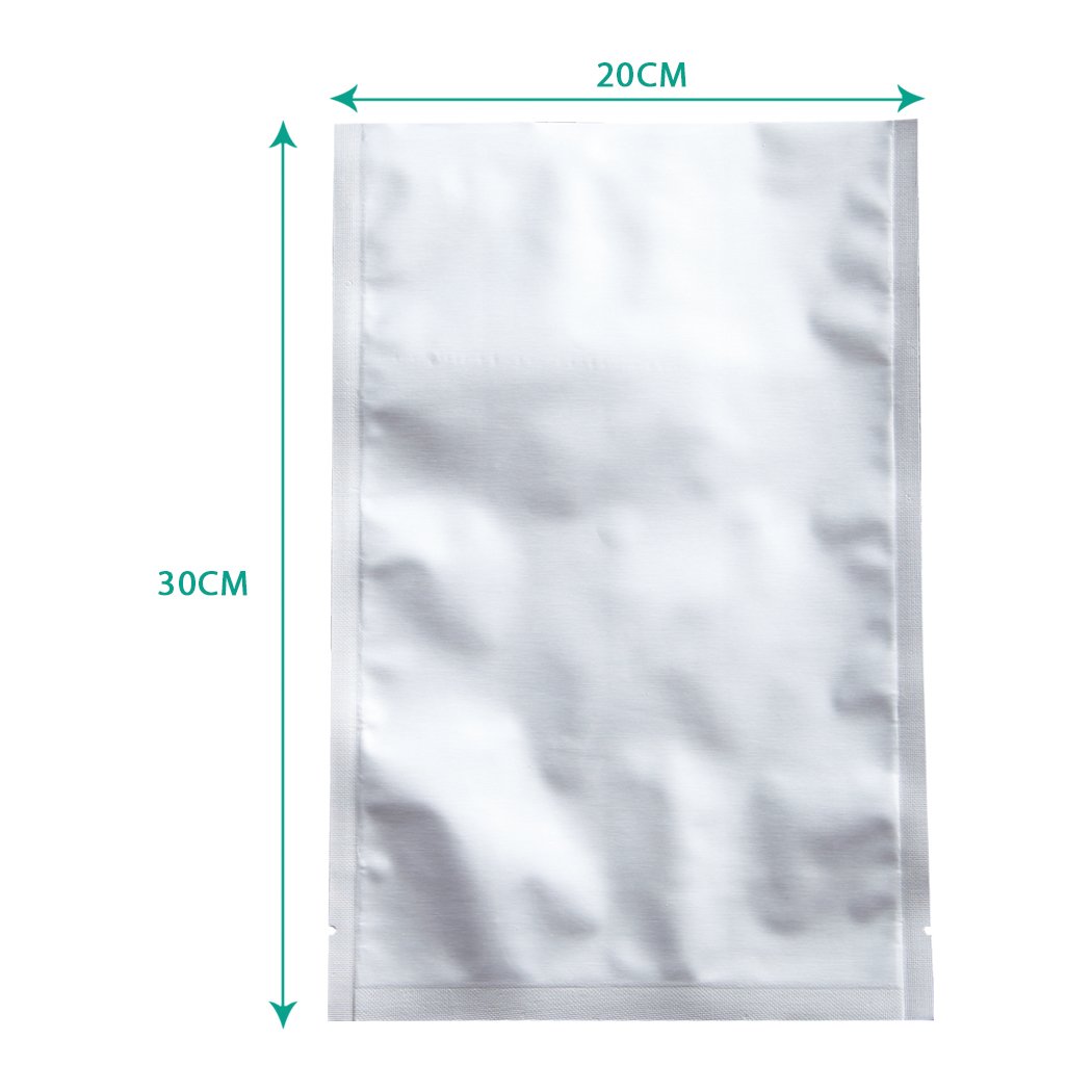 100x Commercial Grade Vacuum Sealer Bags in silver, showcasing their thickness and quality for food storage.