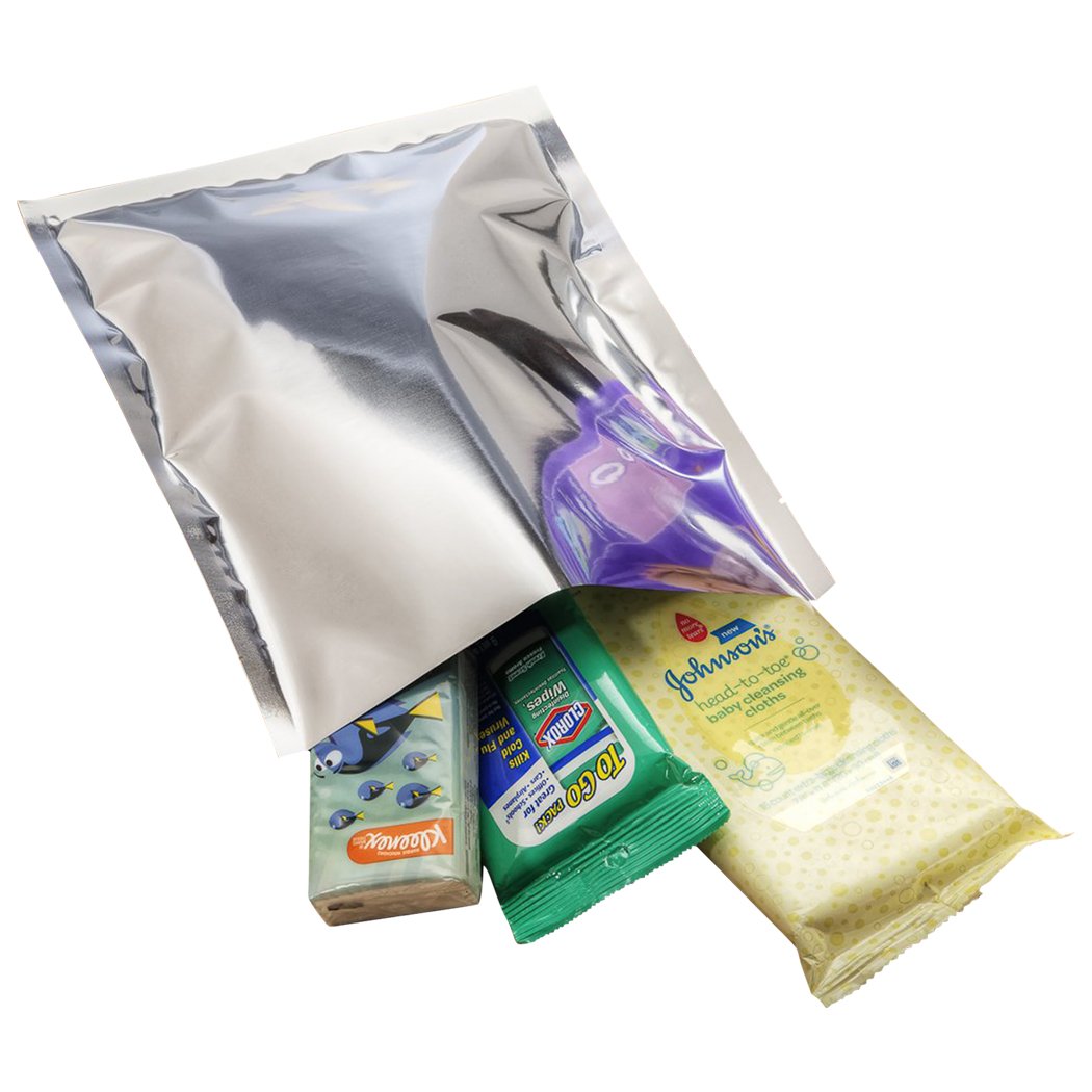 A pack of 100 commercial grade vacuum sealer bags, showcasing their silver aluminum foil material and sturdy design for food preservation.