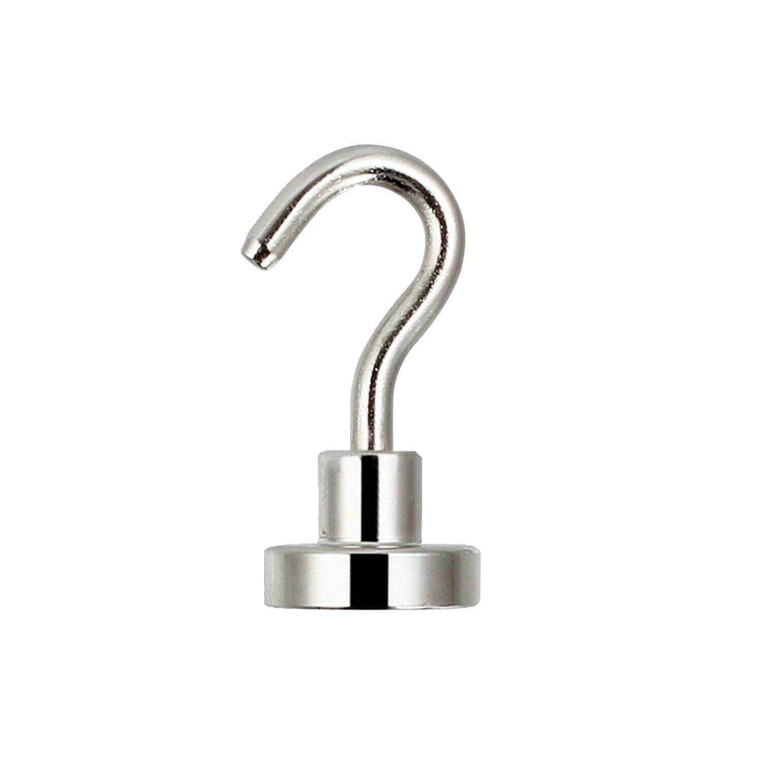 10x Strong Rare Earth Neodymium N38 Magnetic Hanger Holder Magnet with a silver finish and hook design, showcasing its compact size and strength.