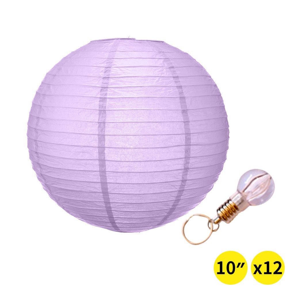 A collection of colorful 12-inch paper lanterns hanging elegantly, perfect for wedding and party decorations.