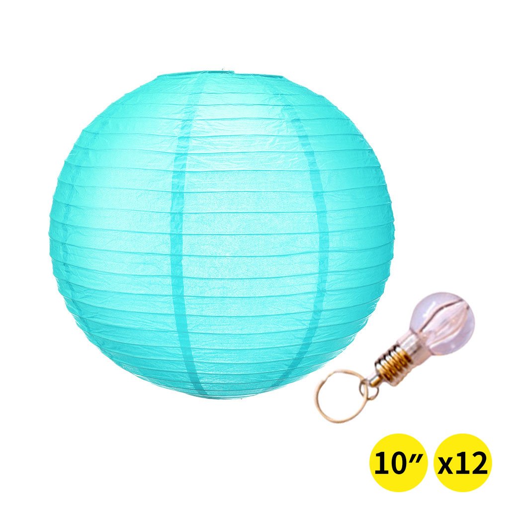 A collection of 12" colorful paper lanterns hanging elegantly, perfect for wedding and party decorations.