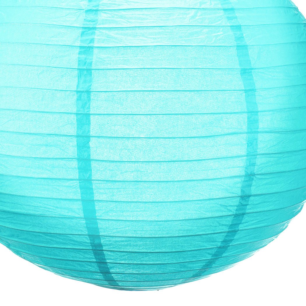 A collection of 12" colorful paper lanterns hanging elegantly, perfect for wedding and party decorations.