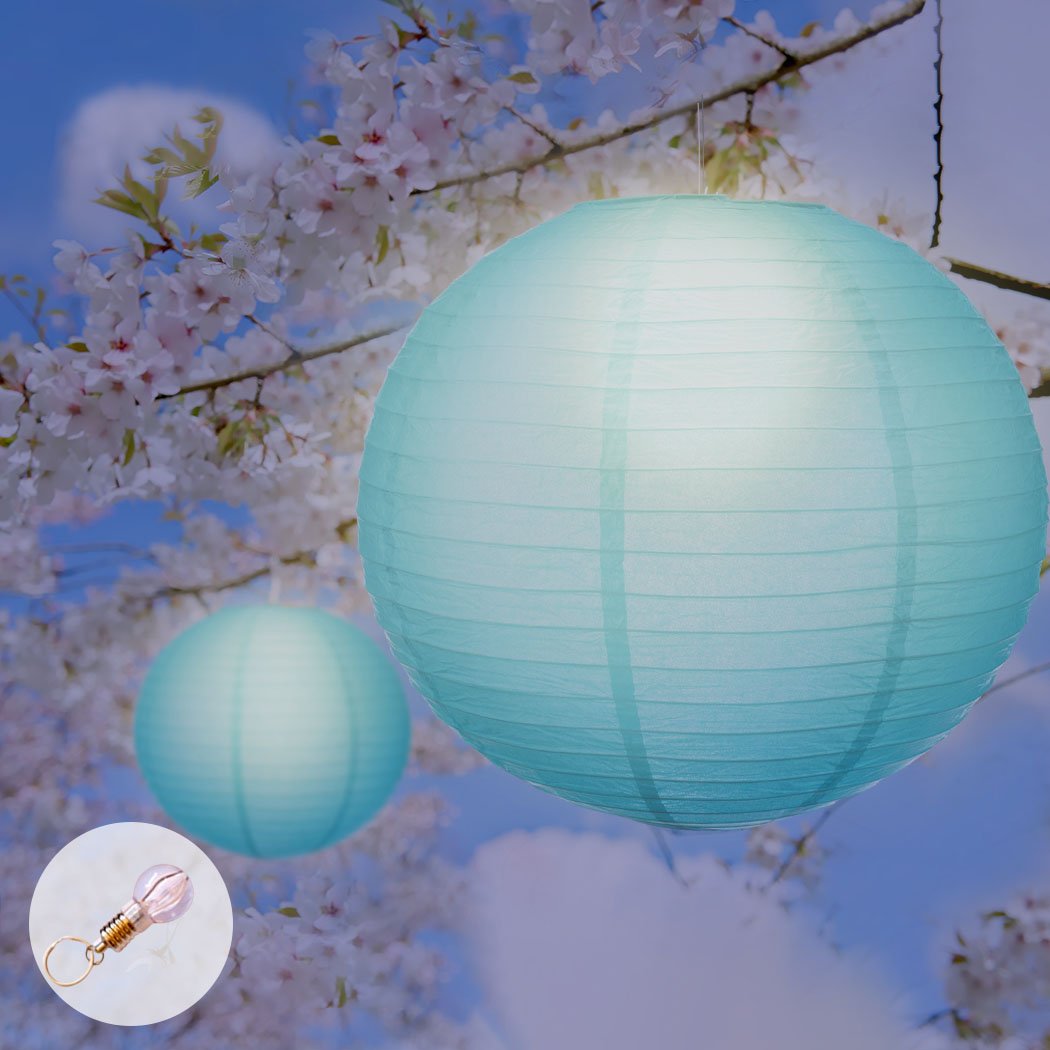 A collection of 12" colorful paper lanterns hanging elegantly, perfect for wedding and party decorations.