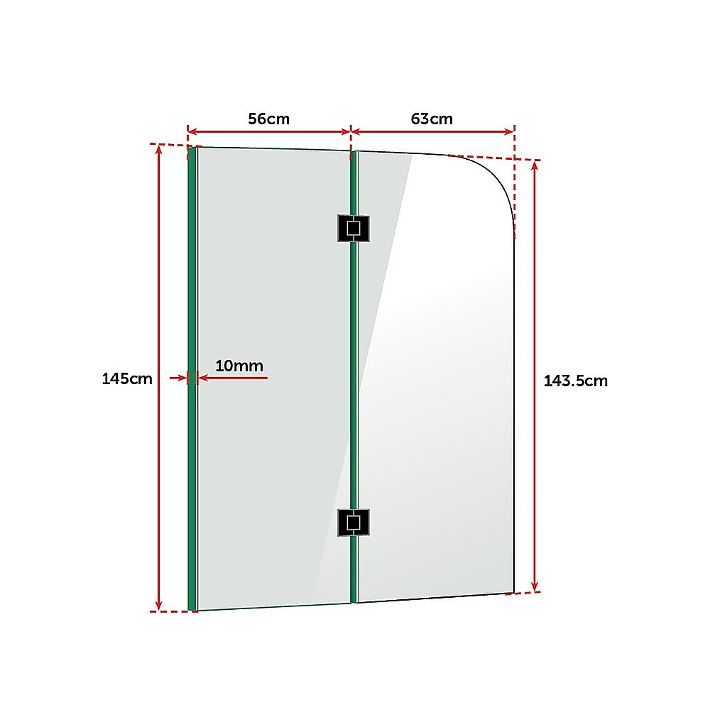 Della 1200 x 1450mm Frameless Bath Panel made of 10mm tempered glass, featuring elegant rounded-top design and black hardware.