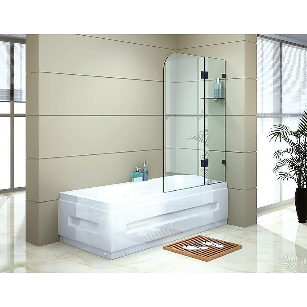 Della 1200 x 1450mm Frameless Bath Panel made of 10mm tempered glass, featuring elegant rounded-top design and black hardware.