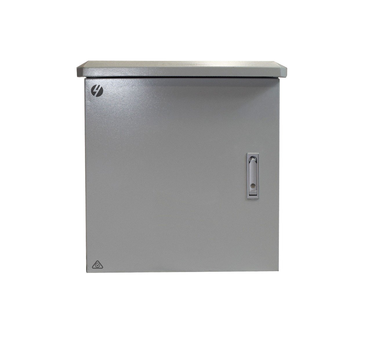 Grey 12RU outdoor wall mount cabinet with IP65 rating, showcasing secure locking system and durable construction.