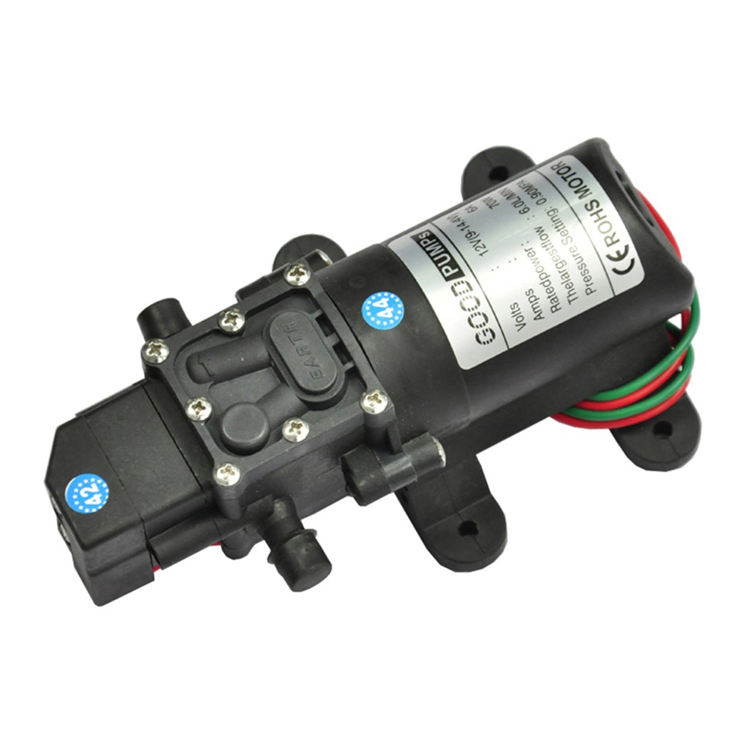 12V self-priming water pump designed for high pressure, suitable for caravans, camping, and boats, featuring a compact design and automatic operation.