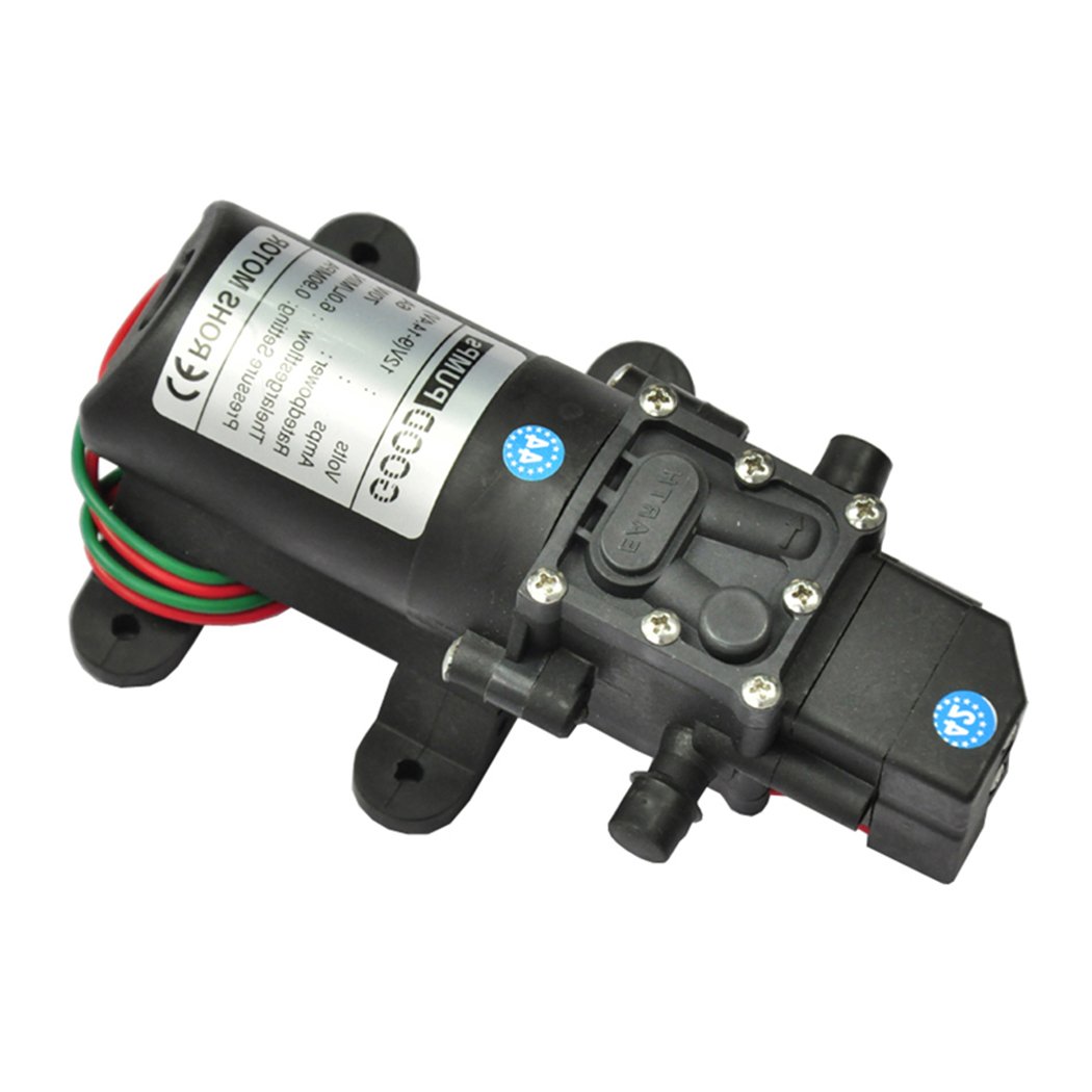 12V self-priming water pump designed for high pressure, suitable for caravans, camping, and boats, featuring a compact design and automatic operation.