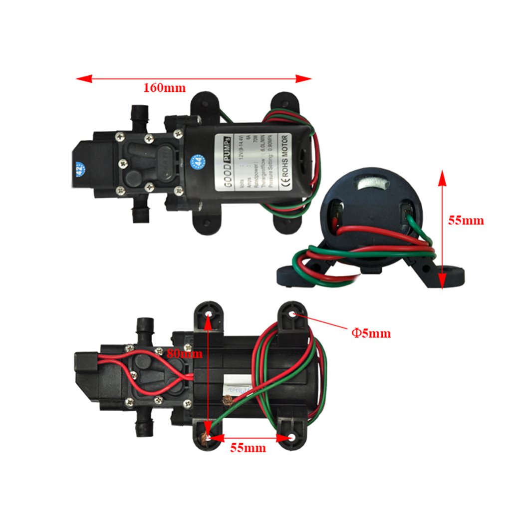 12V self-priming water pump designed for high pressure, suitable for caravans, camping, and boats, featuring a compact design and automatic operation.