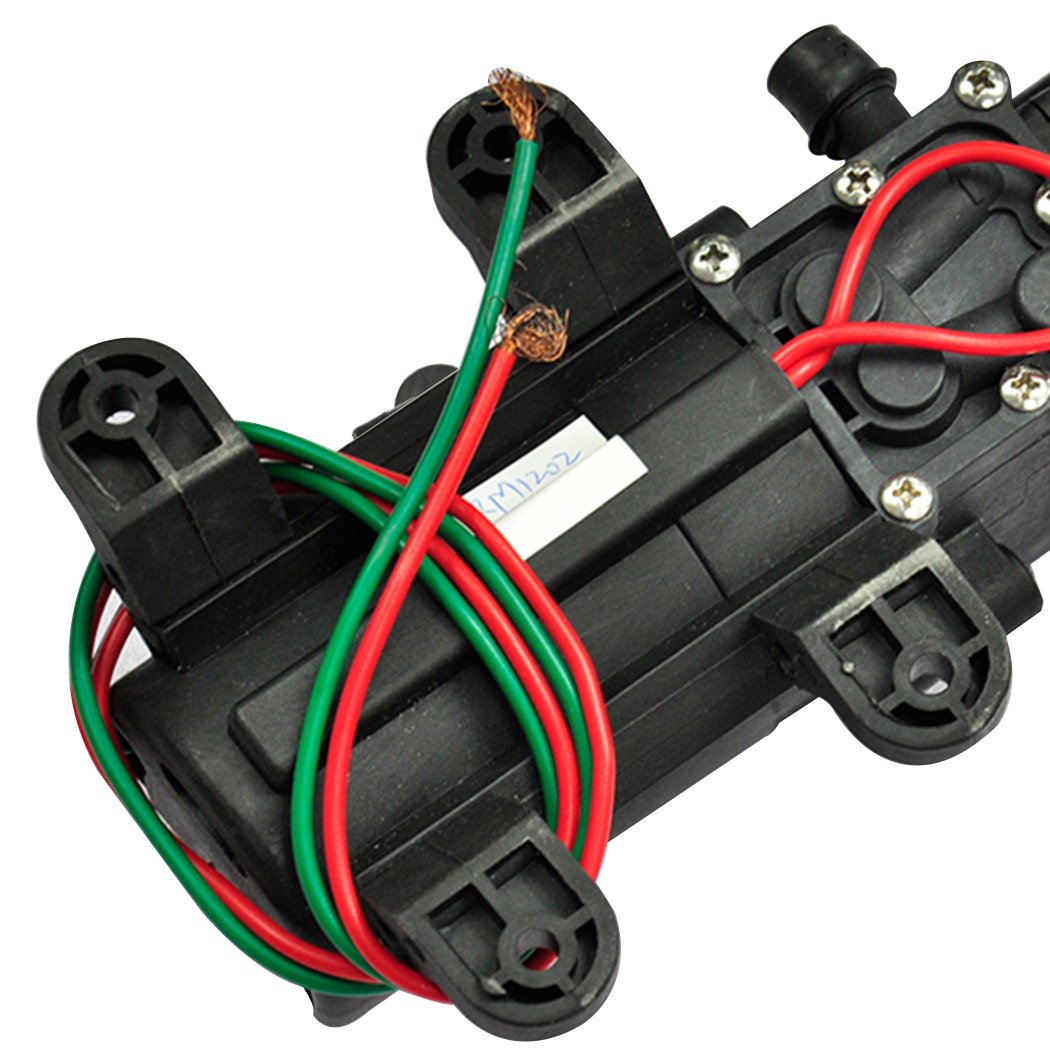 12V self-priming water pump designed for high pressure, suitable for caravans, camping, and boats, featuring a compact design and automatic operation.