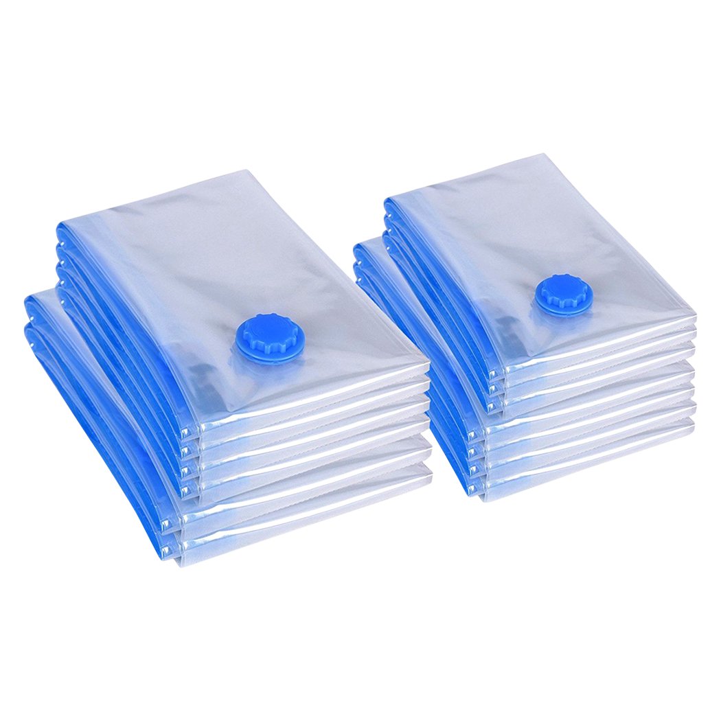 A set of 12 vacuum seal storage bags, showcasing their transparent design and zip closure, ideal for space-saving organization.