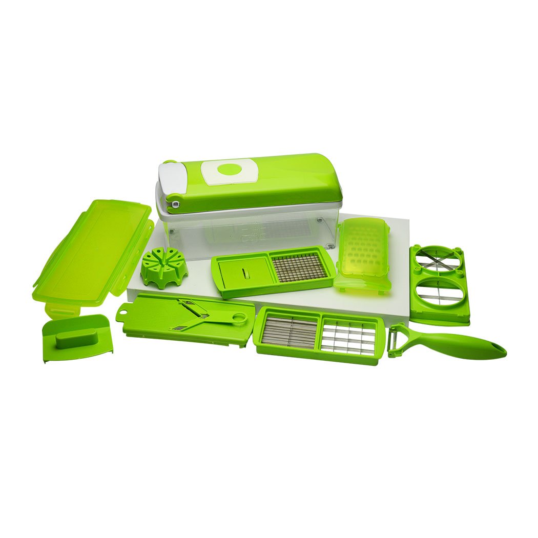 A 13 in 1 Food Slicer Dicer Nicer showcasing various cutting blades and a transparent container for food preparation.