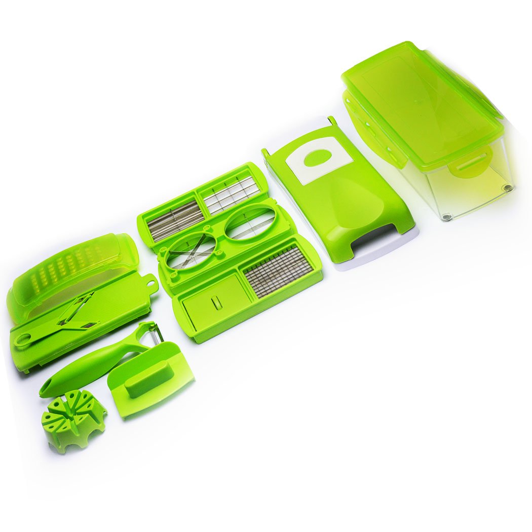 A 13 in 1 Food Slicer Dicer Nicer showcasing various cutting blades and a transparent container for food preparation.