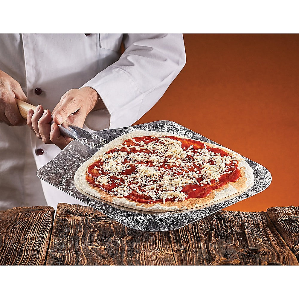 130cm Pizza Oven Peel Paddle with long wood handle, featuring a lightweight aluminum head for easy pizza serving.