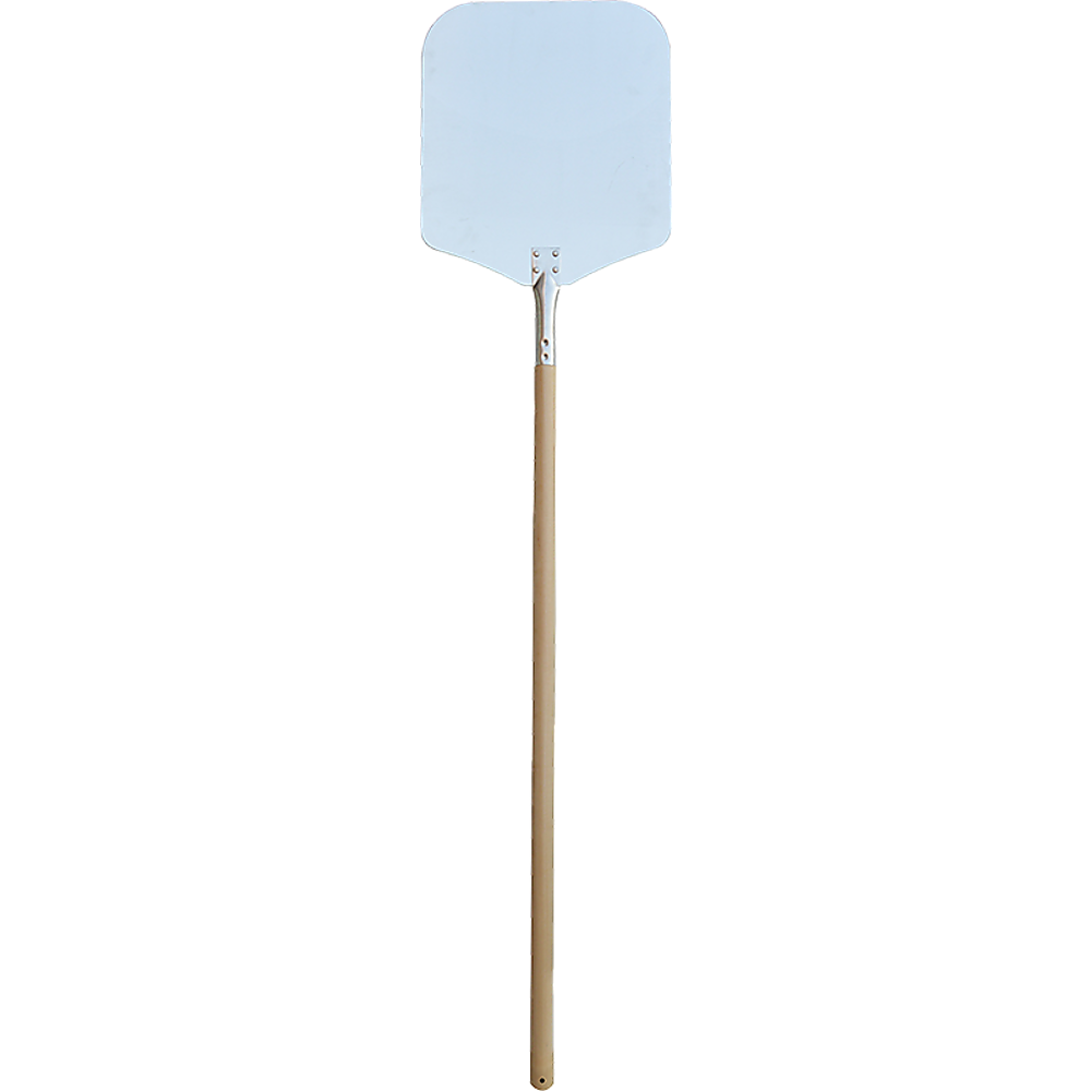 130cm Pizza Oven Peel Paddle with long wood handle, featuring a lightweight aluminum head for easy pizza serving.