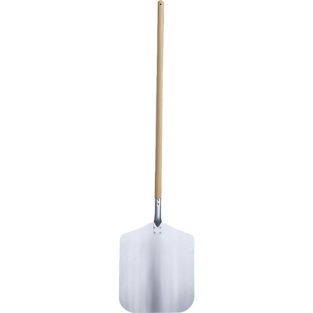 130cm Pizza Oven Peel Paddle with long wood handle, featuring a lightweight aluminum head for easy pizza serving.