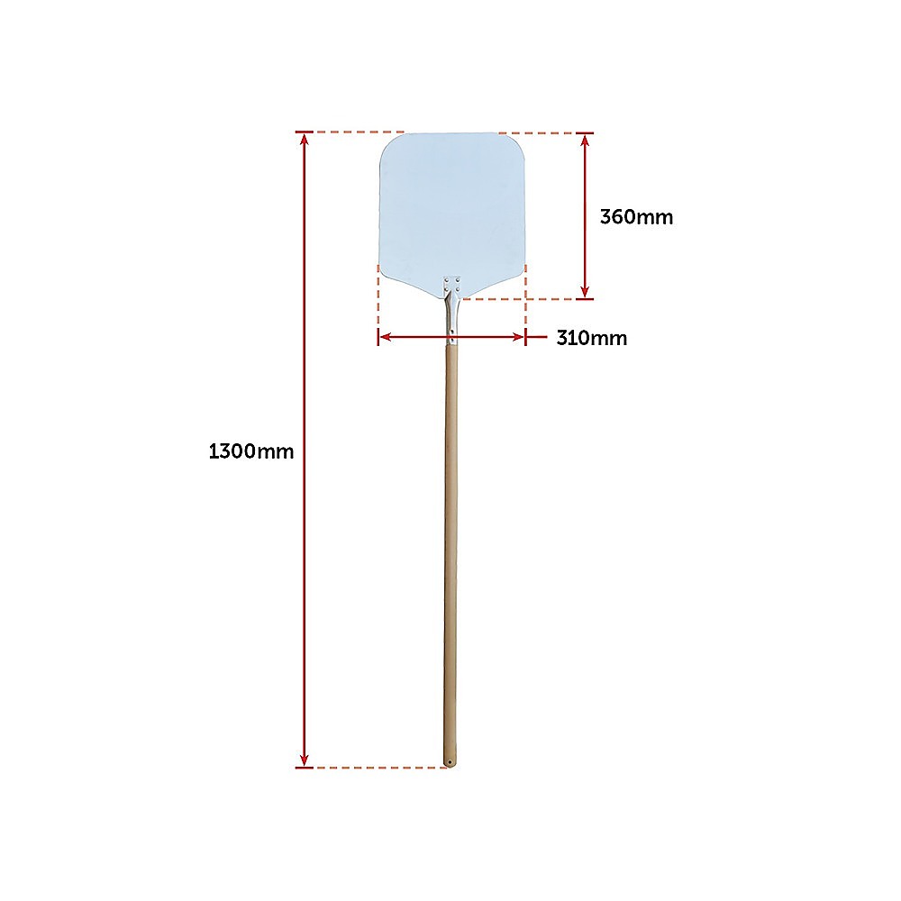 130cm Pizza Oven Peel Paddle with long wood handle, featuring a lightweight aluminum head for easy pizza serving.