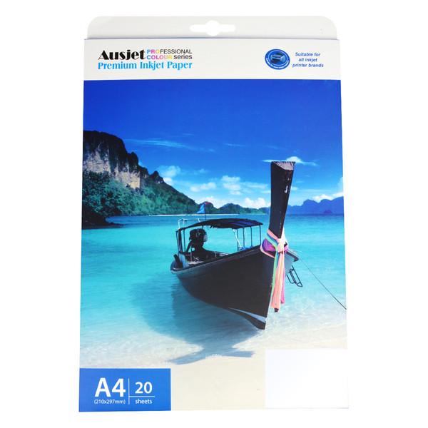 A pack of 130gm A4 DS Matte Photo Paper featuring 20 sheets, ideal for double-sided printing with vibrant colors and water resistance.