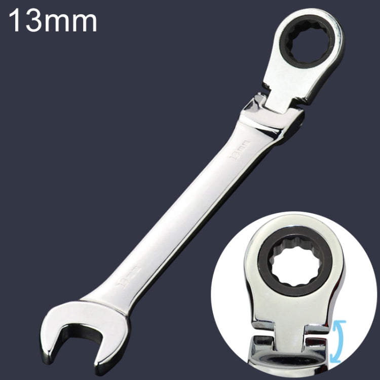 13mm Dual-use Opening Plum Ratcheting Angled Wrench with a chrome vanadium steel finish, showcasing its 72-tooth ratchet design and 15-degree angle offset.