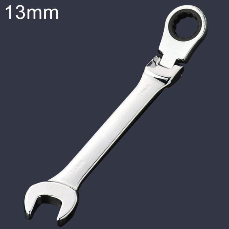 13mm Dual-use Opening Plum Ratcheting Angled Wrench with a chrome vanadium steel finish, showcasing its 72-tooth ratchet design and 15-degree angle offset.