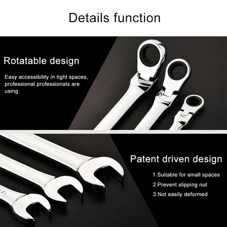 13mm Dual-use Opening Plum Ratcheting Angled Wrench with a chrome vanadium steel finish, showcasing its 72-tooth ratchet design and 15-degree angle offset.