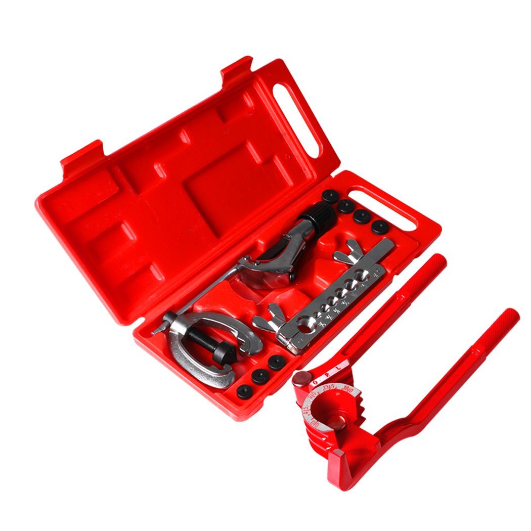 13-piece flaring tool kit including pipe cutter, flaring tool, and dies for copper and brass pipes, stored in a red toolbox.