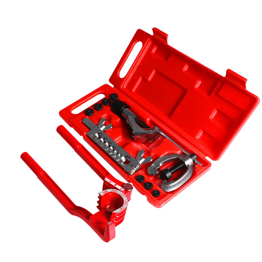 13-piece flaring tool kit including pipe cutter, flaring tool, and dies for copper and brass pipes, stored in a red toolbox.