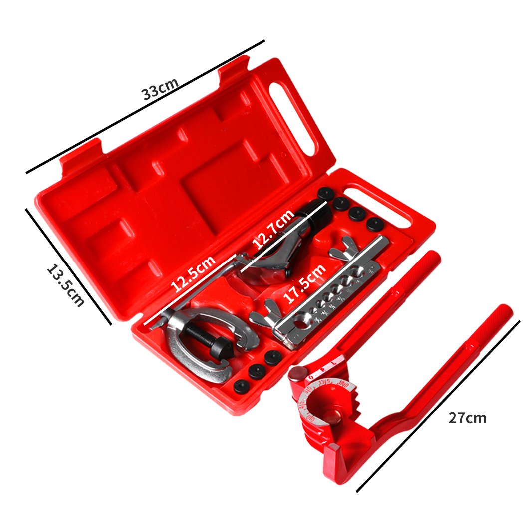 13-piece flaring tool kit including pipe cutter, flaring tool, and dies for copper and brass pipes, stored in a red toolbox.