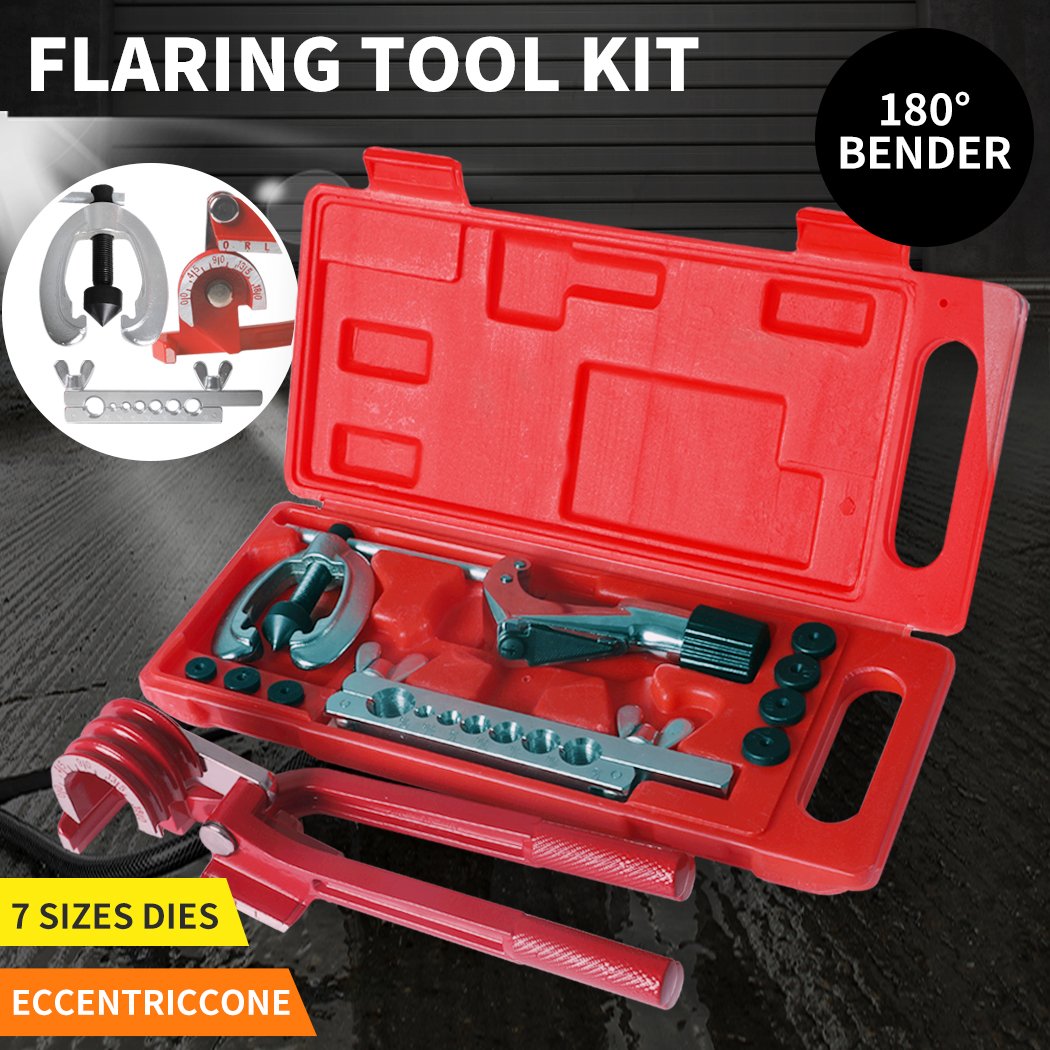 13-piece flaring tool kit including pipe cutter, flaring tool, and dies for copper and brass pipes, stored in a red toolbox.