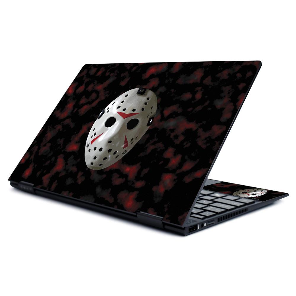 MightySkins 13th Nightmare skin for HP Envy x360 13" (2019) showcasing Matte, Carbon Fiber, and Glossy Glitter finishes.