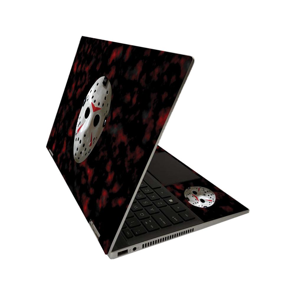 MightySkins 13th Nightmare skin for HP Pavilion x360 14" (2020) in Matte, Carbon Fiber, and Glossy Glitter finishes, showcasing stylish design and protection.