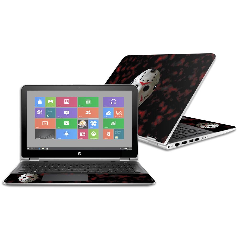 MightySkins 13th Nightmare skin for HP Pavilion x360 15.6" (2016) in Matte, Carbon Fiber, and Glossy Glitter finishes.