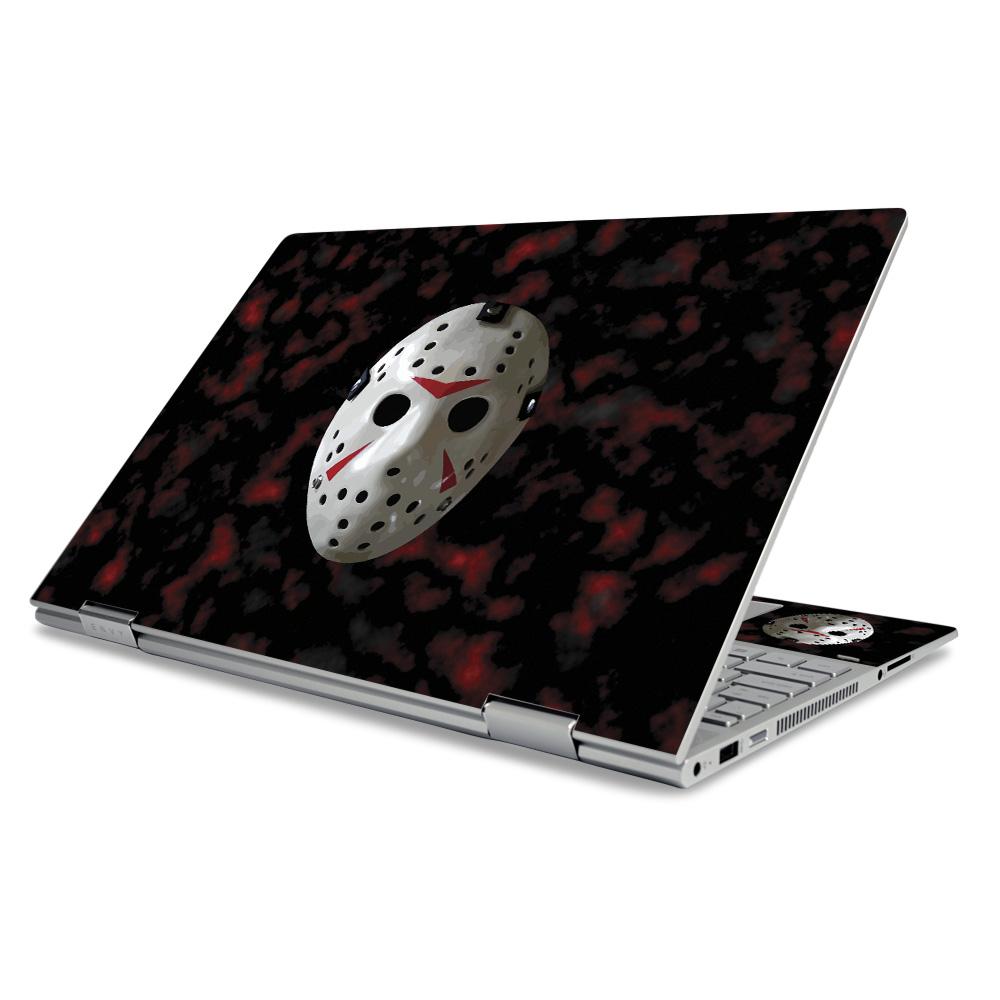 MightySkins 13th Nightmare skin for HP Envy x360 15" (2019) showcasing Matte, Carbon Fiber, and Glossy Glitter finishes.