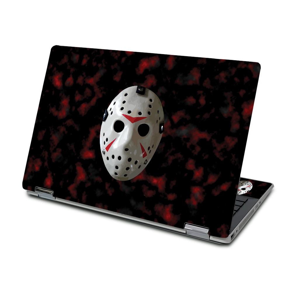 MightySkins 13th Nightmare skin for HP Pavilion x360 14" (2019) showcasing Matte, Carbon Fiber, and Glossy Glitter finishes.